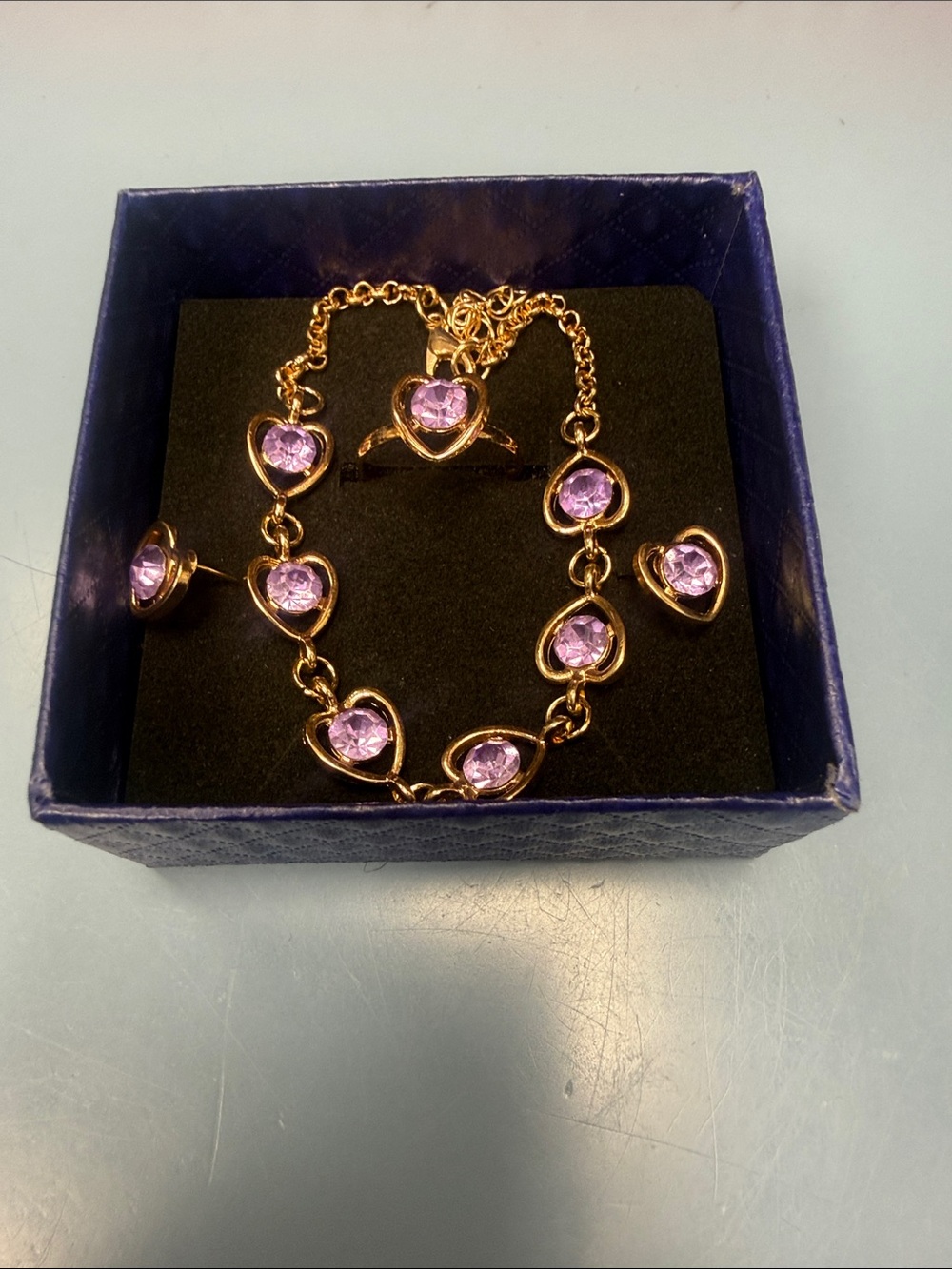 Gold-Tone Heart Bracelet, Ring and Earring Set with Purple Stones